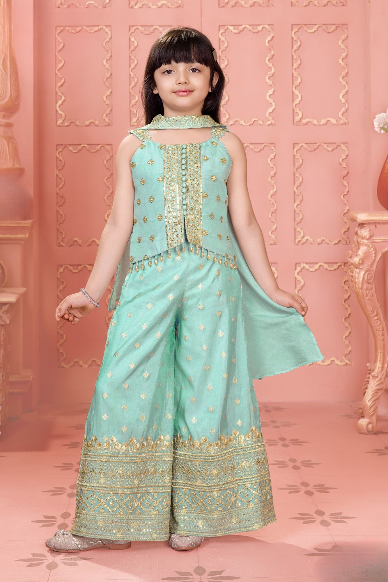 Sea Green Zari Embroidered Palazzo Set For Girls