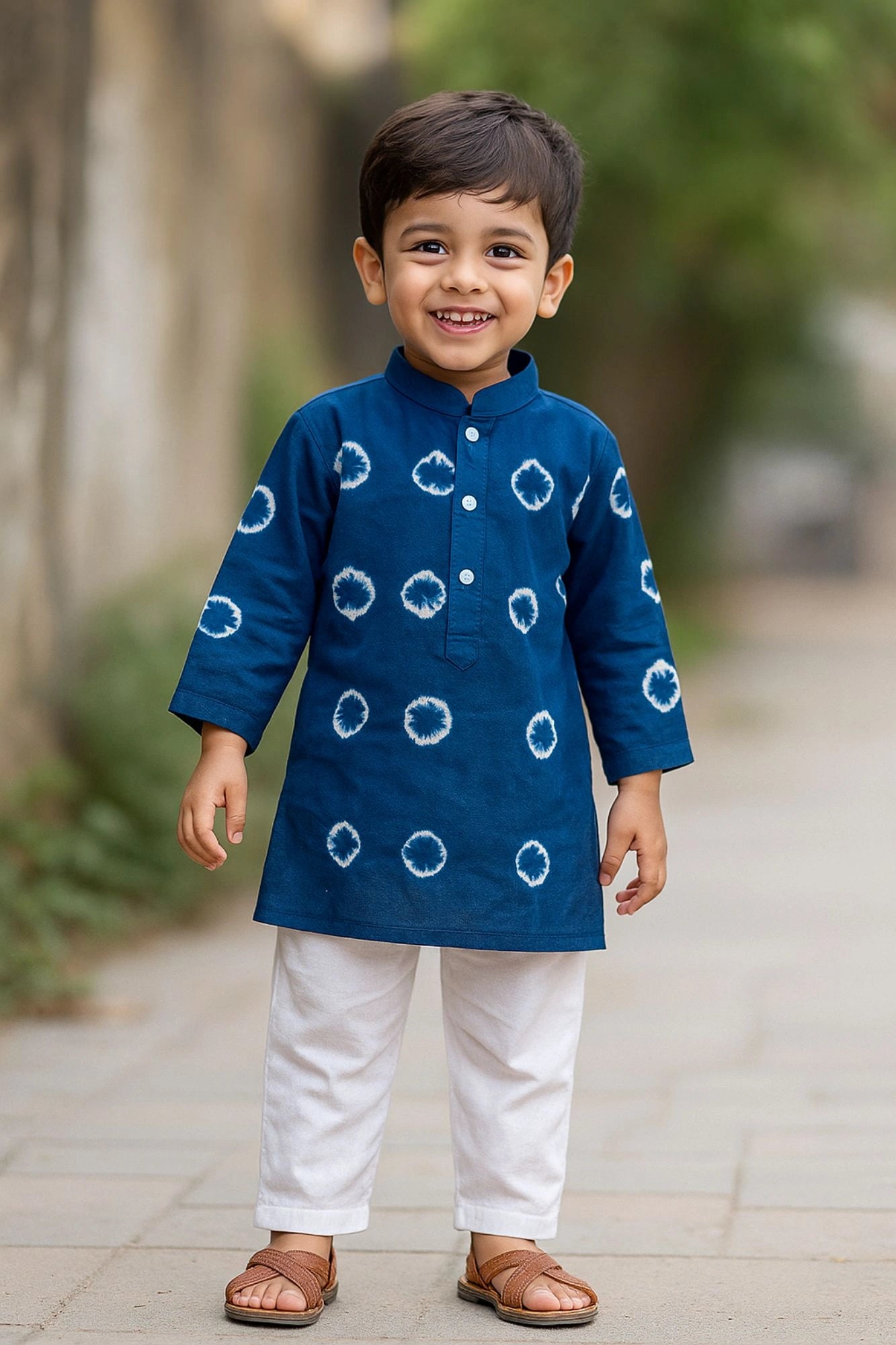 Classic Navy Blue Bandhini Printed Kurta with White Pajama Set For Boys