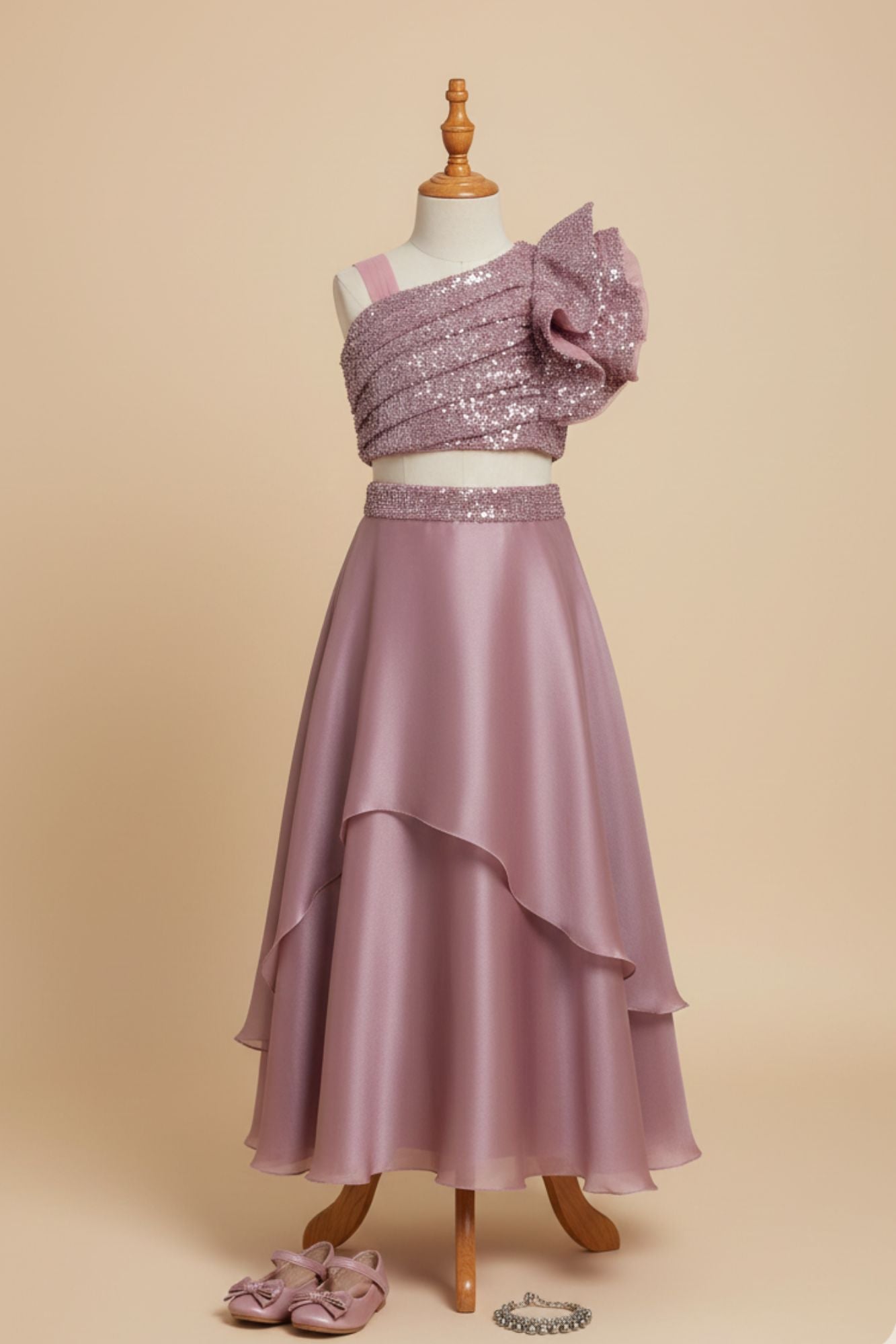 Mauve Organza Lehenga Choli And Dupatta For Girls