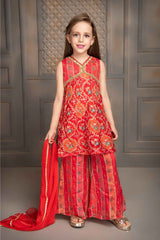 Red Sleeveless And Sequins Work With Zari Embroidery Top And Palazzo Set For Girls