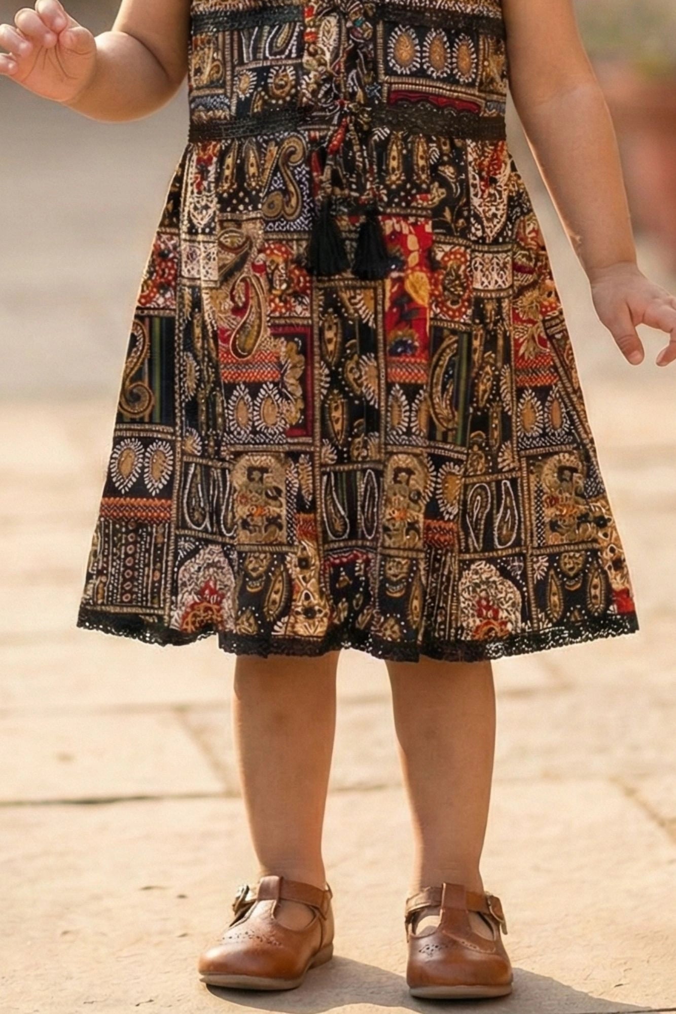 Black Boho-Style Multicolor Printed Casual Dress For Girls