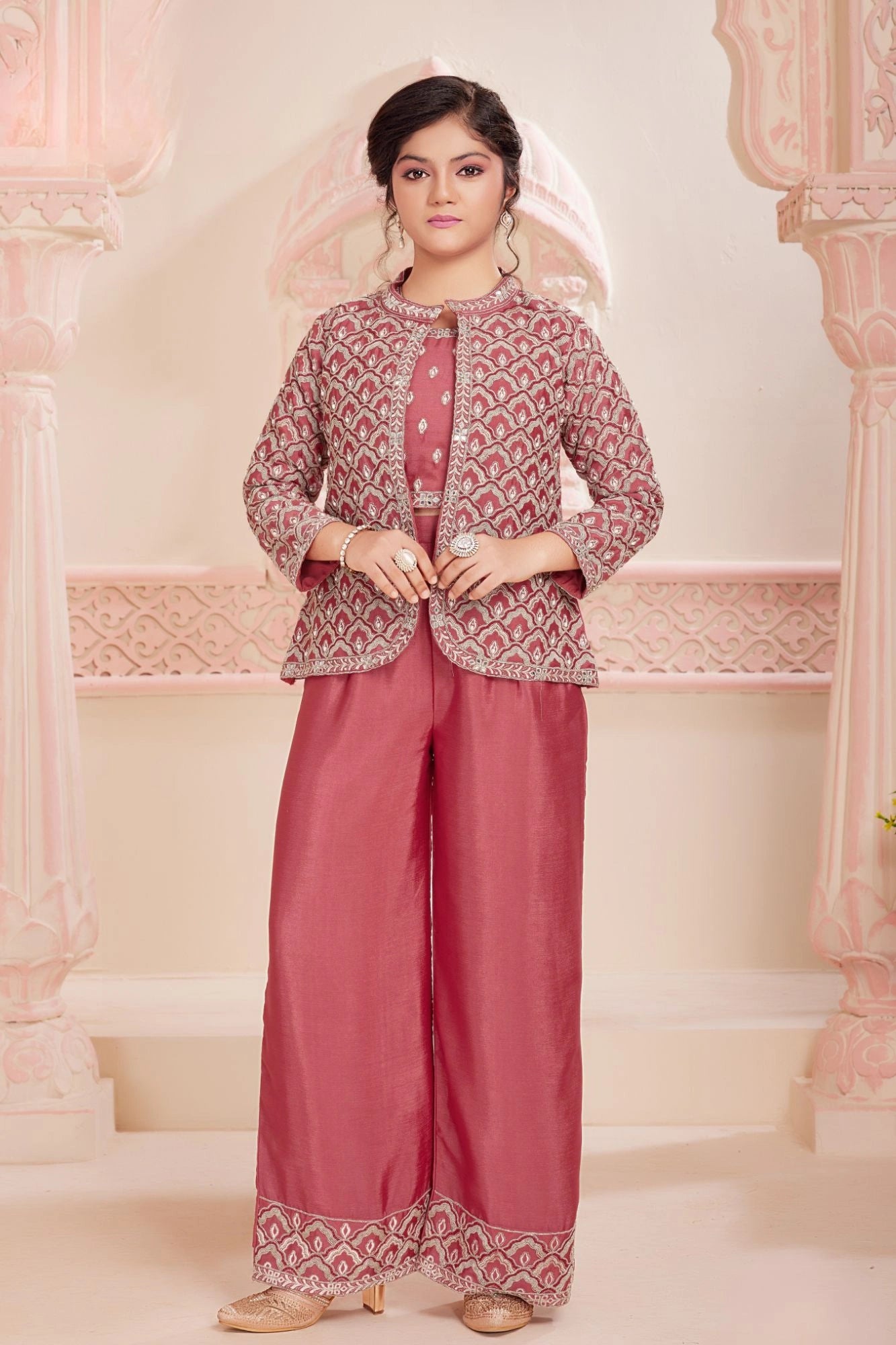 Maroon Embroidered Jacket Palazzo Set For Girls
