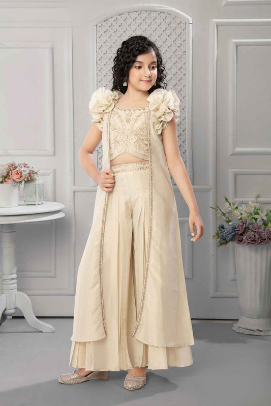 Cream Embroidered And Stone Work Top With Palazzo Set For Girls