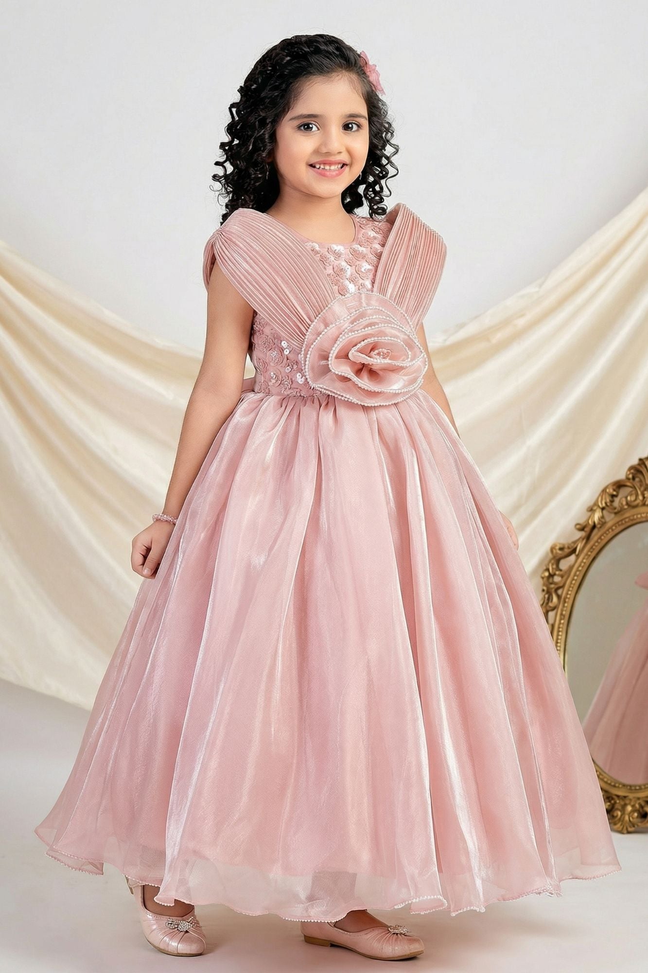 Designer Peach Embellished Rosette Party Gown For Girls
