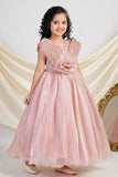 Designer Peach Embellished Rosette Party Gown For Girls