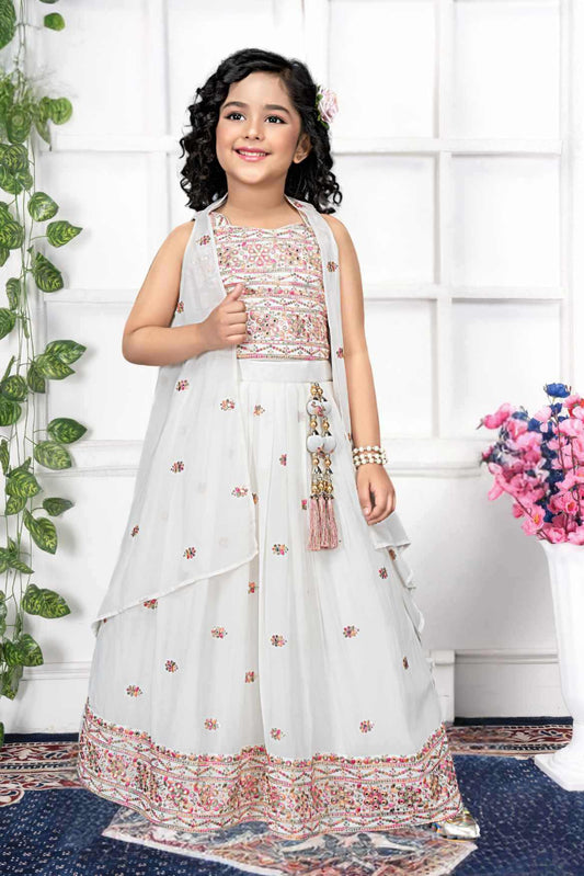 Cream Embroidery And Mirror Work Ghagra Choli Set With Over Coat For Girls