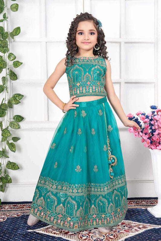 Green Embroidery And Sequin Work Ghagra Choli Set For Girls