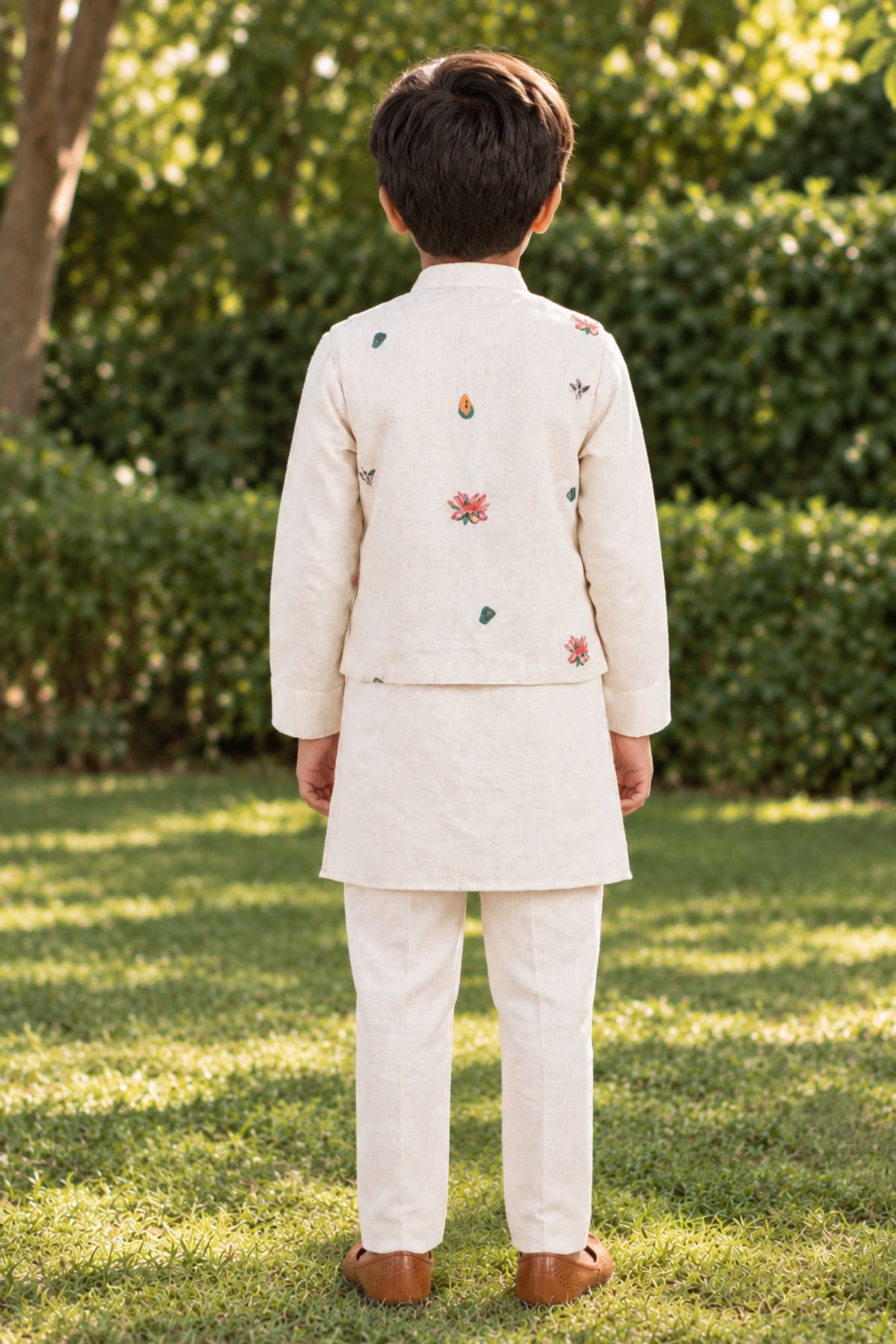 Beige Kurta Set With Floral Printed Nehru Jacket For Boys