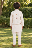Beige Kurta Set With Floral Printed Nehru Jacket For Boys