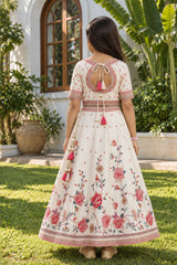 Ivory Floral Embroidered Lehenga Choli Set with Dupatta for Girls