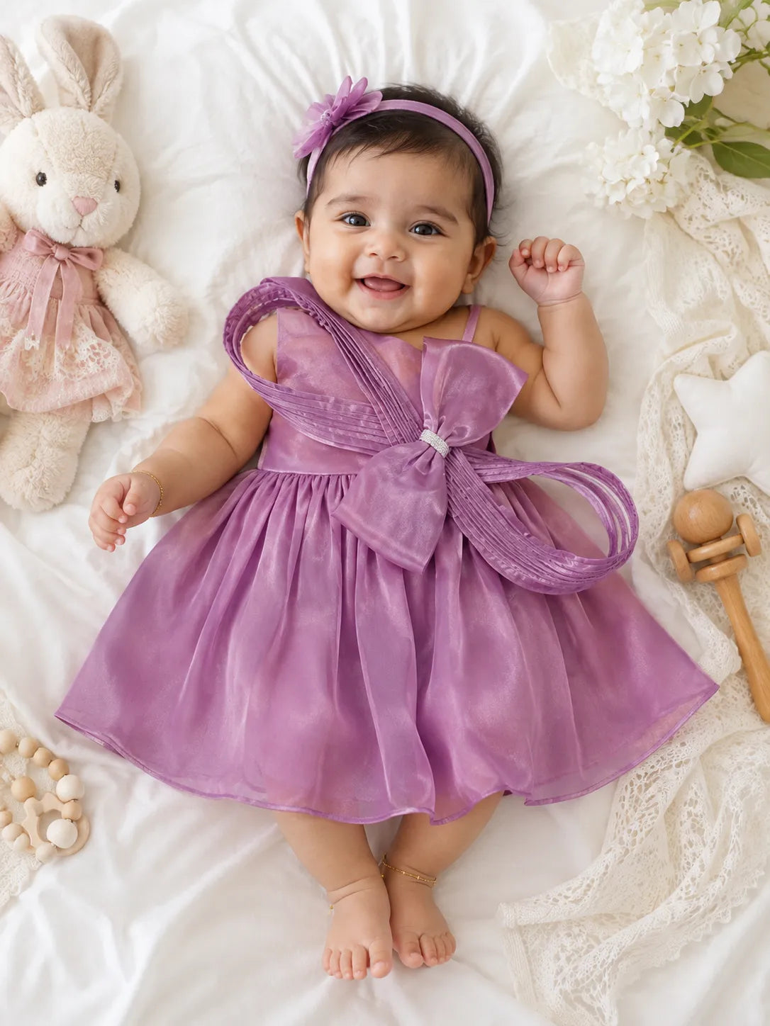 Mauve One Shoulder Bow Party Dress For Girls