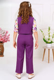 Purple Waist Coat And Pant With Floral Printed Top Set For Girls