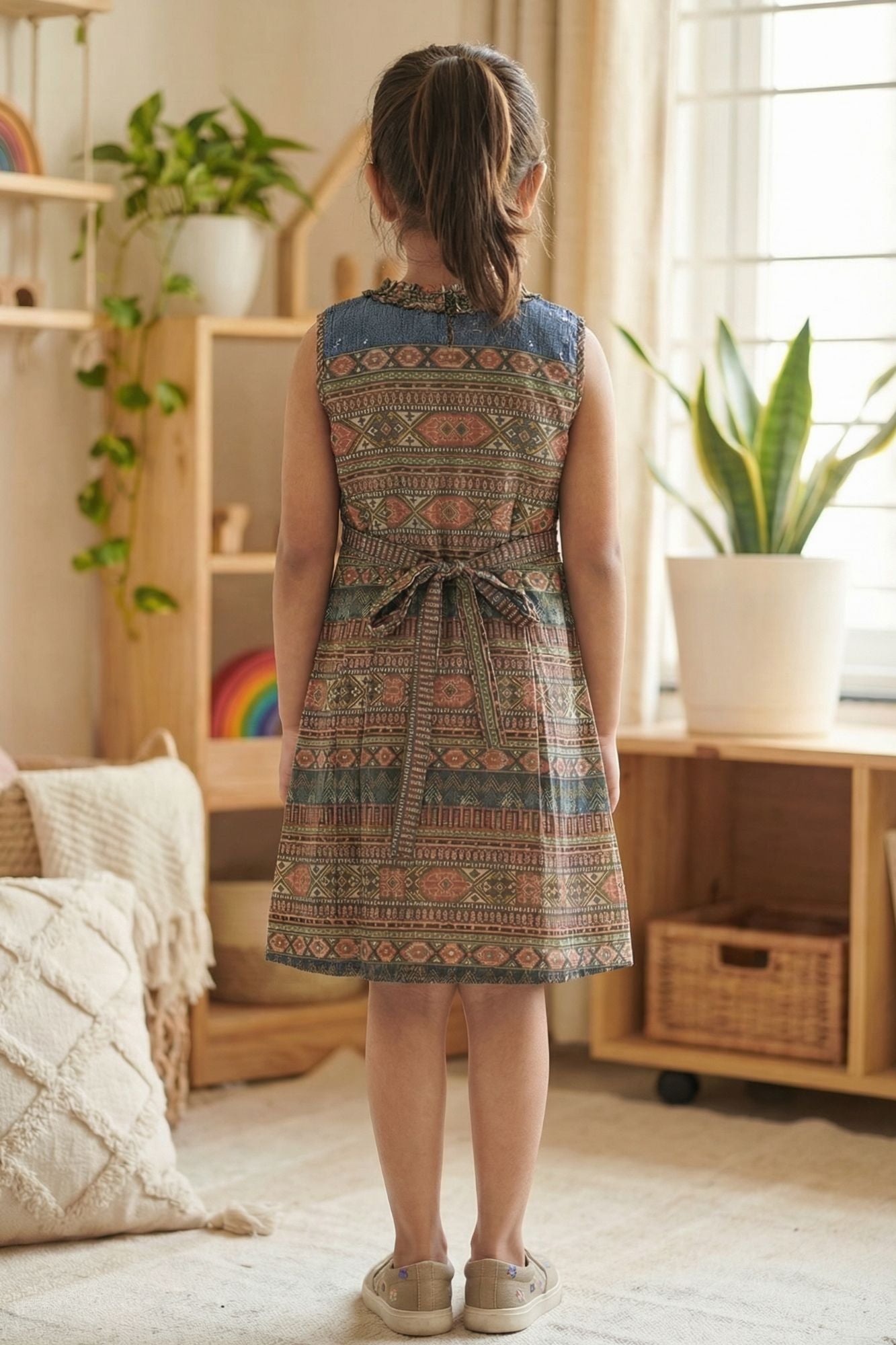 Blue Frock With Tassel Tie-Up For Girls