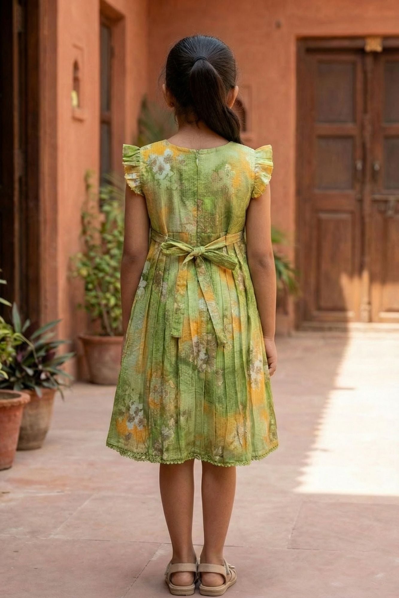 Olive Green Floral Pleated Frock For Girls