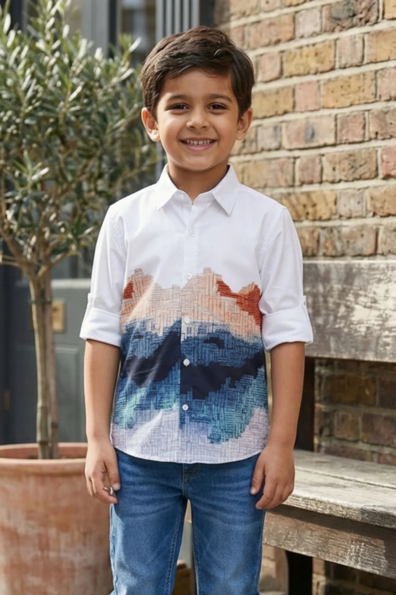 White Cotton Shirt with Multicolor Thread work for Boys