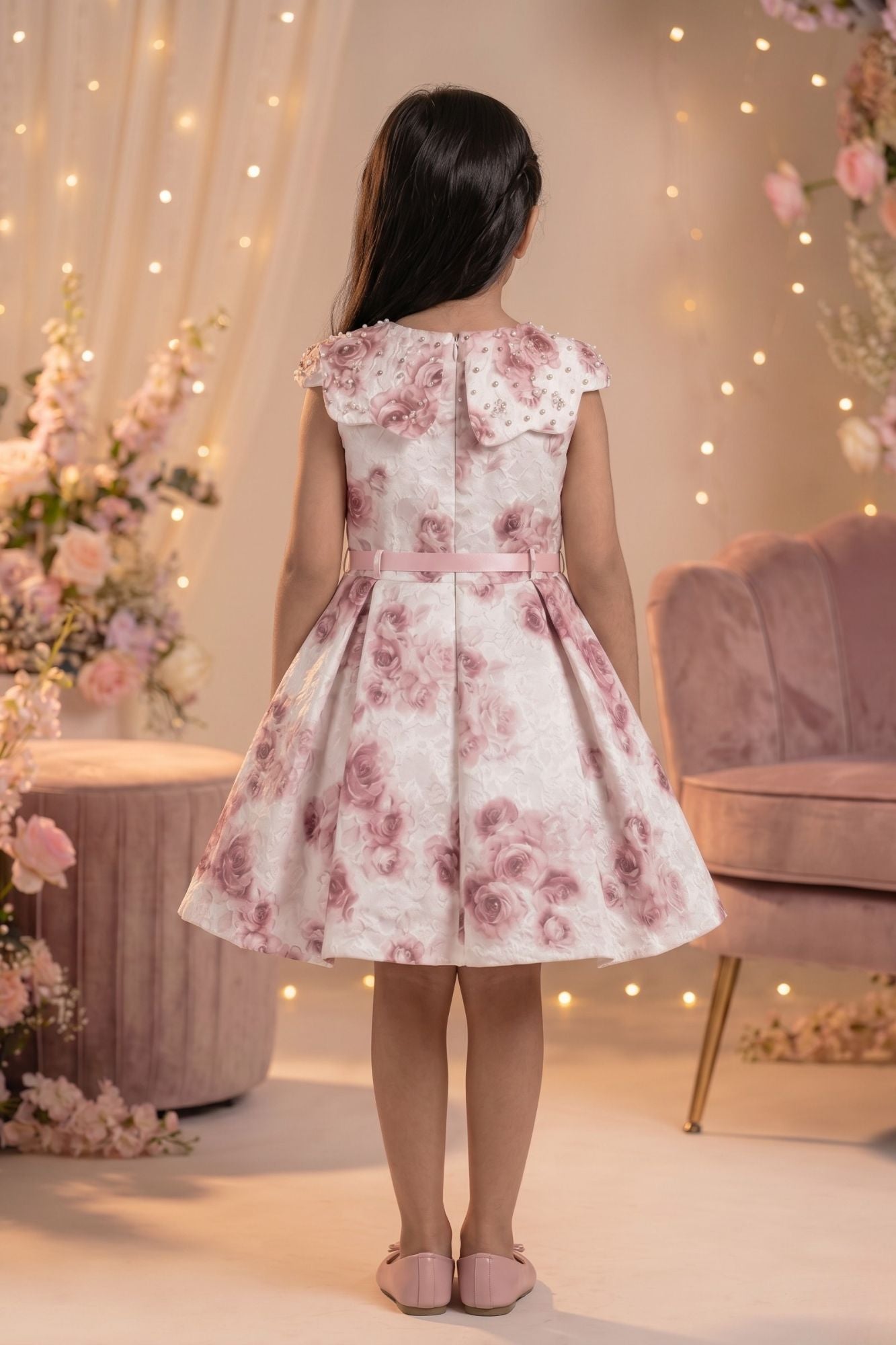 Ivory Floral Print Party Frock With Belt  For Girls