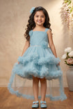 Blue Sleeveless Stone Work And Floral Embellished Tail Back Frock For Girls