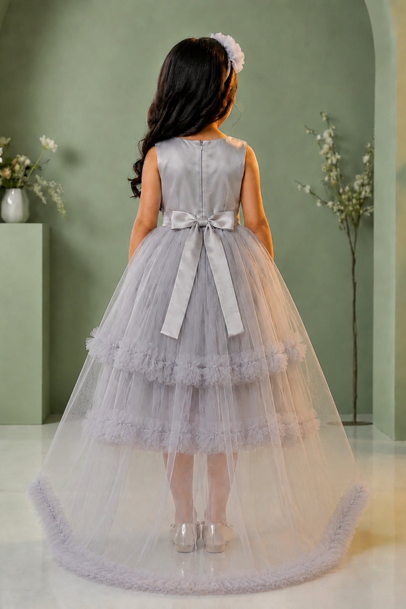 Girls Grey Sequin Embellished Party Frock with Tulle Layers and Floral Detail
