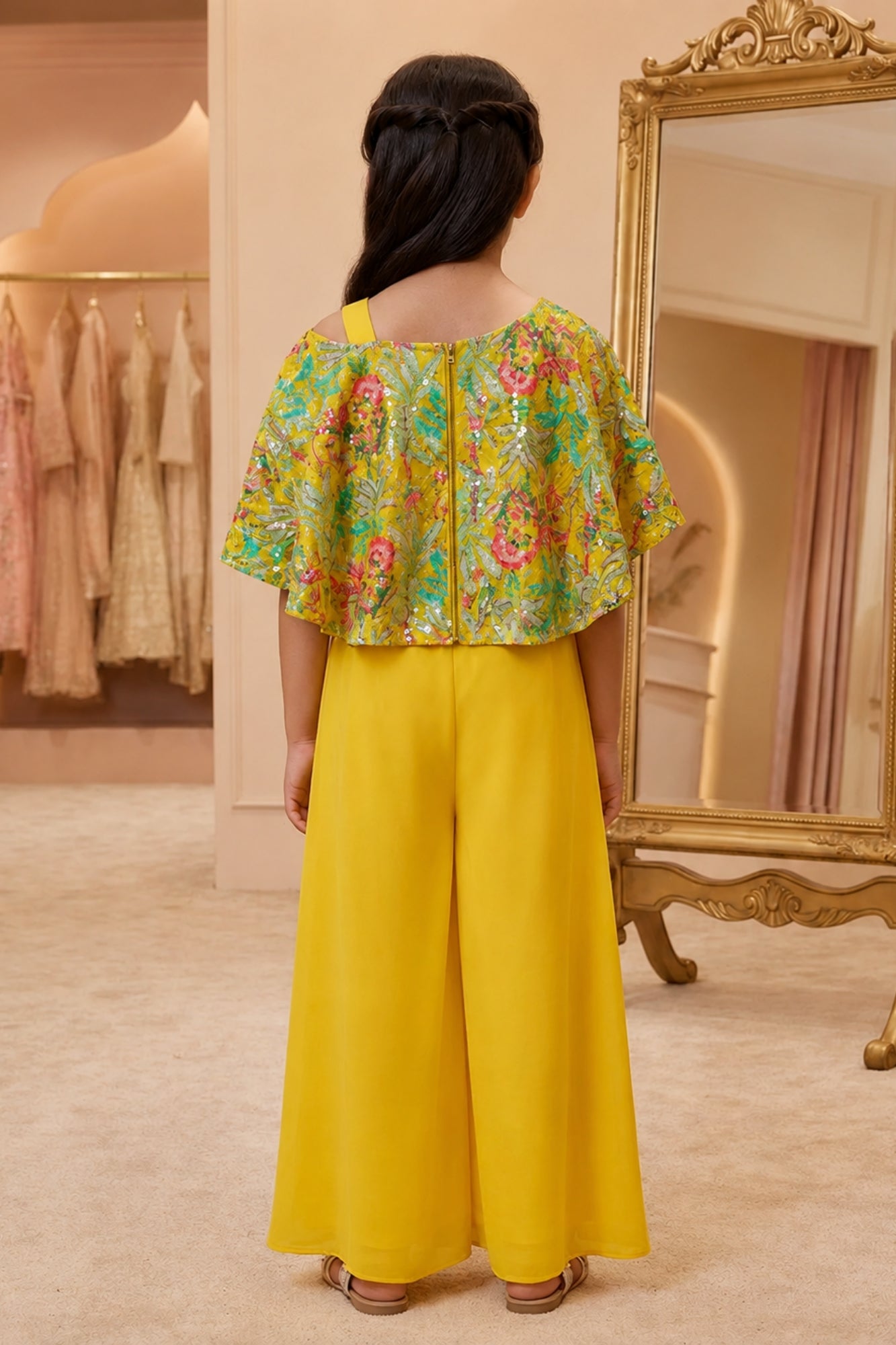 Mustard Printed Sequin Palazzo Set With Cape Sleeves For Girls