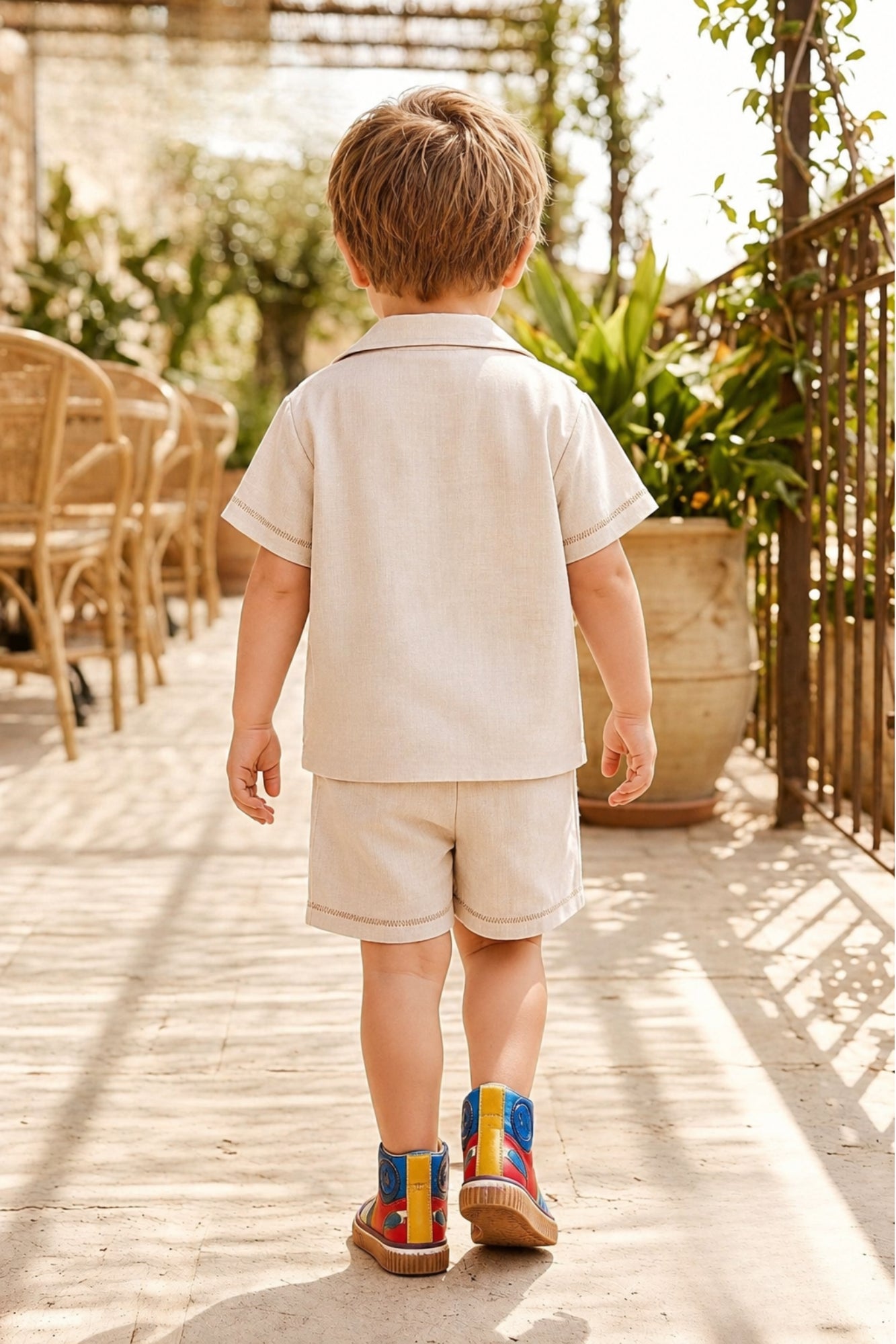 Boys Cream Embroidered  3-Piece Shorts Set with Printed T-Shirt