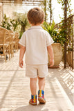 Boys Cream Embroidered  3-Piece Shorts Set with Printed T-Shirt