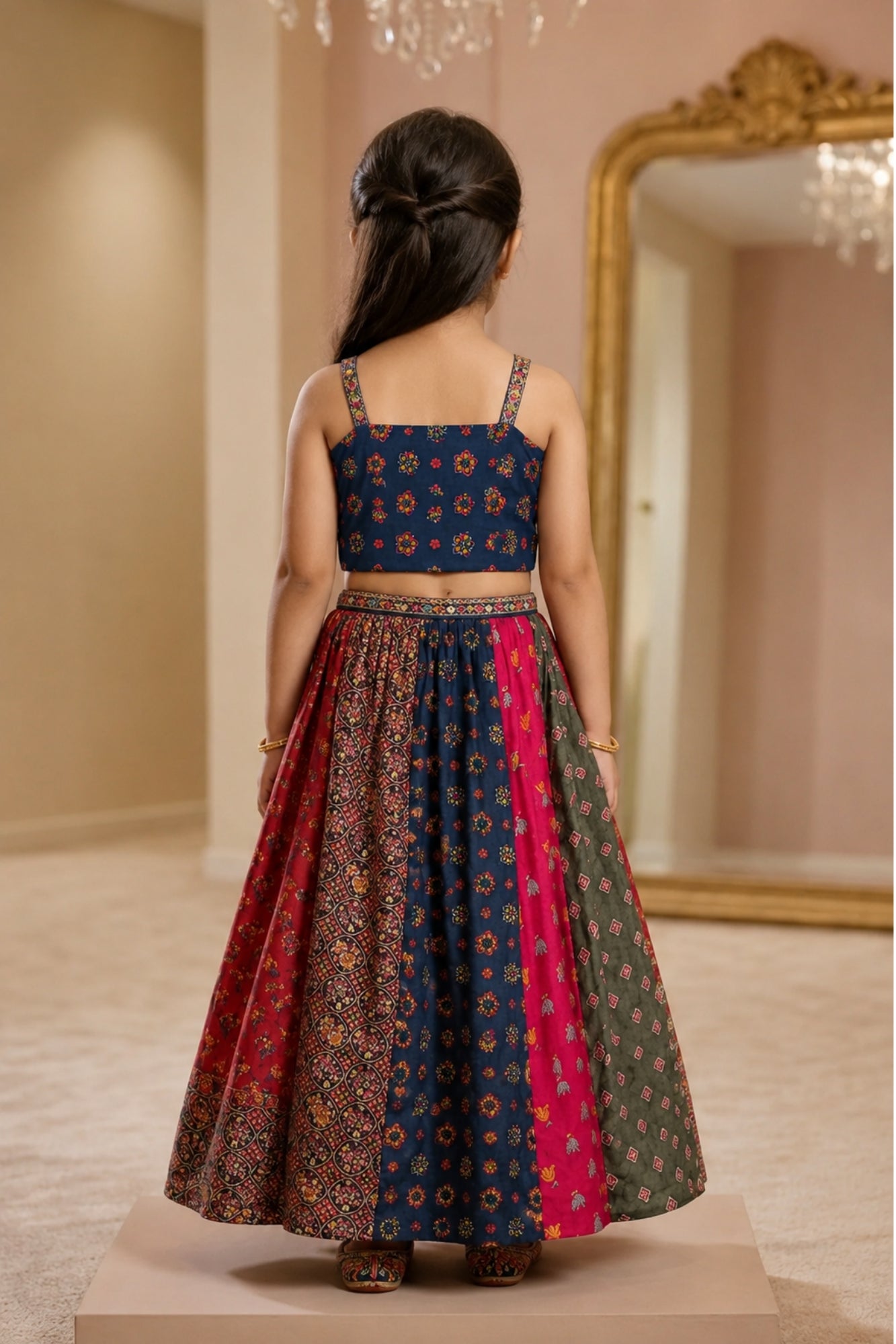 Multicolor Bandhani Printed And Floral Embroidered Lehenga Choli For Girls