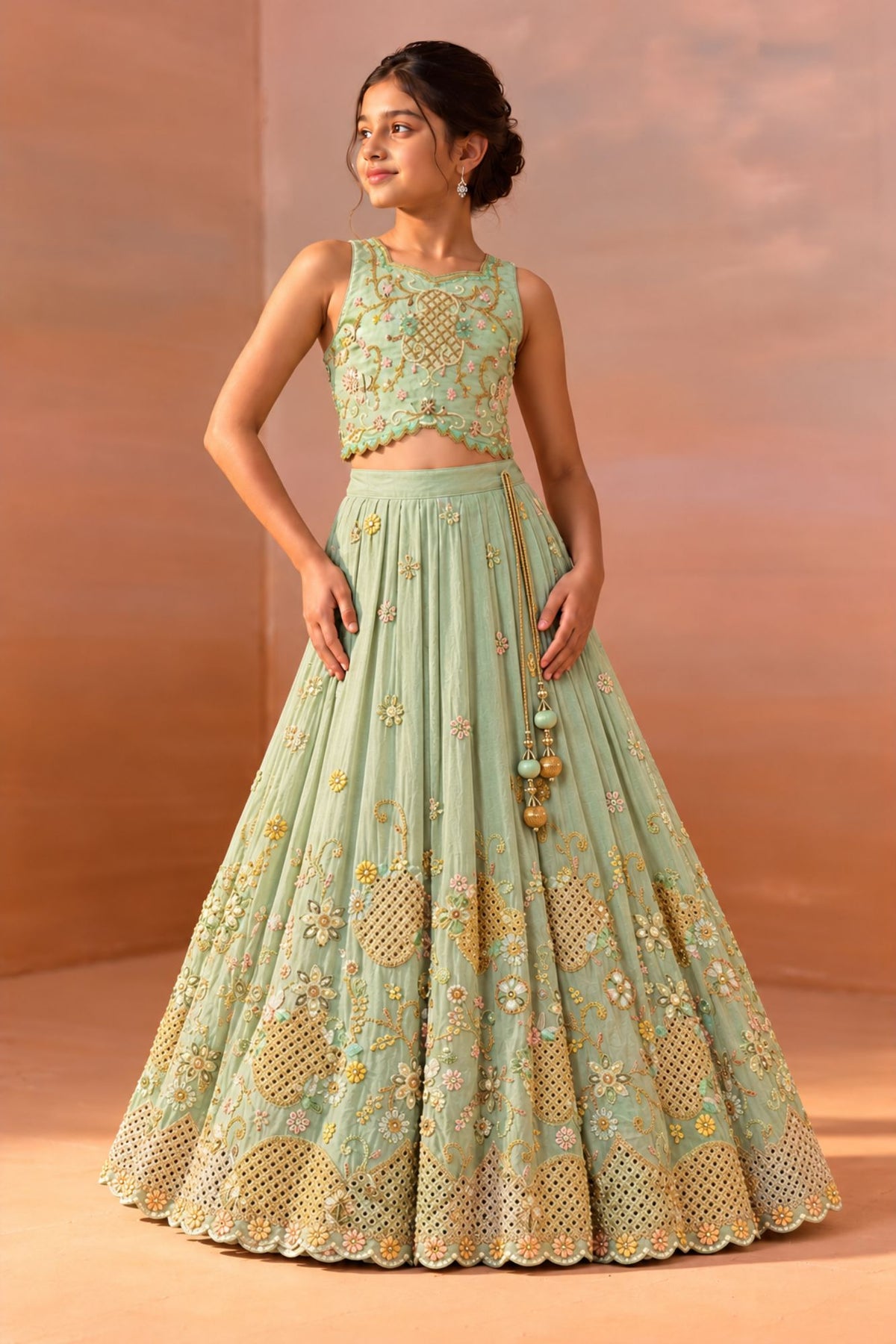 Mint Green Embroidered Lehenga Choli Set with Latkan Tie-Up For Girls