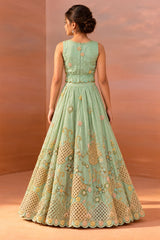 Mint Green Embroidered Lehenga Choli Set with Latkan Tie-Up For Girls