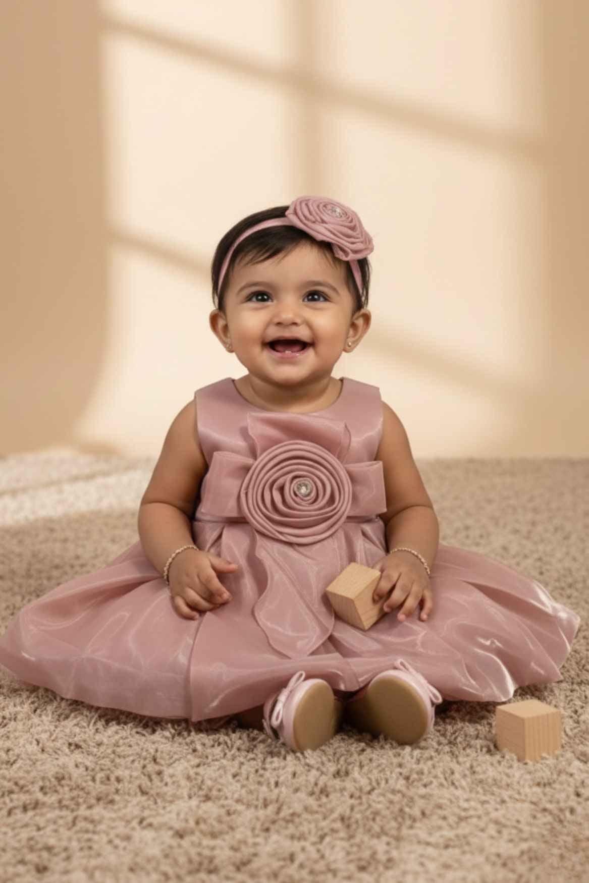Onion Pink Party Frock with Rosette Bow and Shimmer Layers For Girls