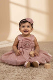 Onion Pink Party Frock with Rosette Bow and Shimmer Layers For Girls