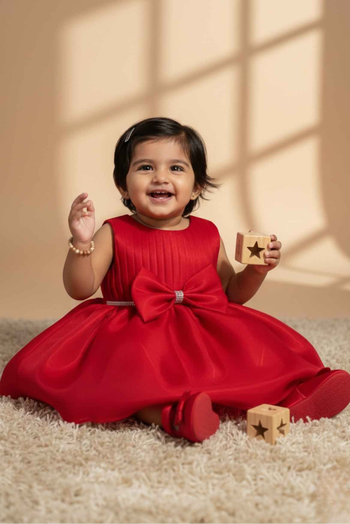 Ruby Red Party Frock with Pleated Bodice and Bow Belt For Girls