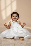 White Embellished Party Frock with Pleated Petal Bow For Girls
