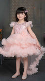 Peach Shimmer Tailback Party Wear Frock With Floral Embellishment For Girls