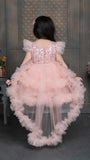 Peach Shimmer Tailback Party Wear Frock With Floral Embellishment For Girls