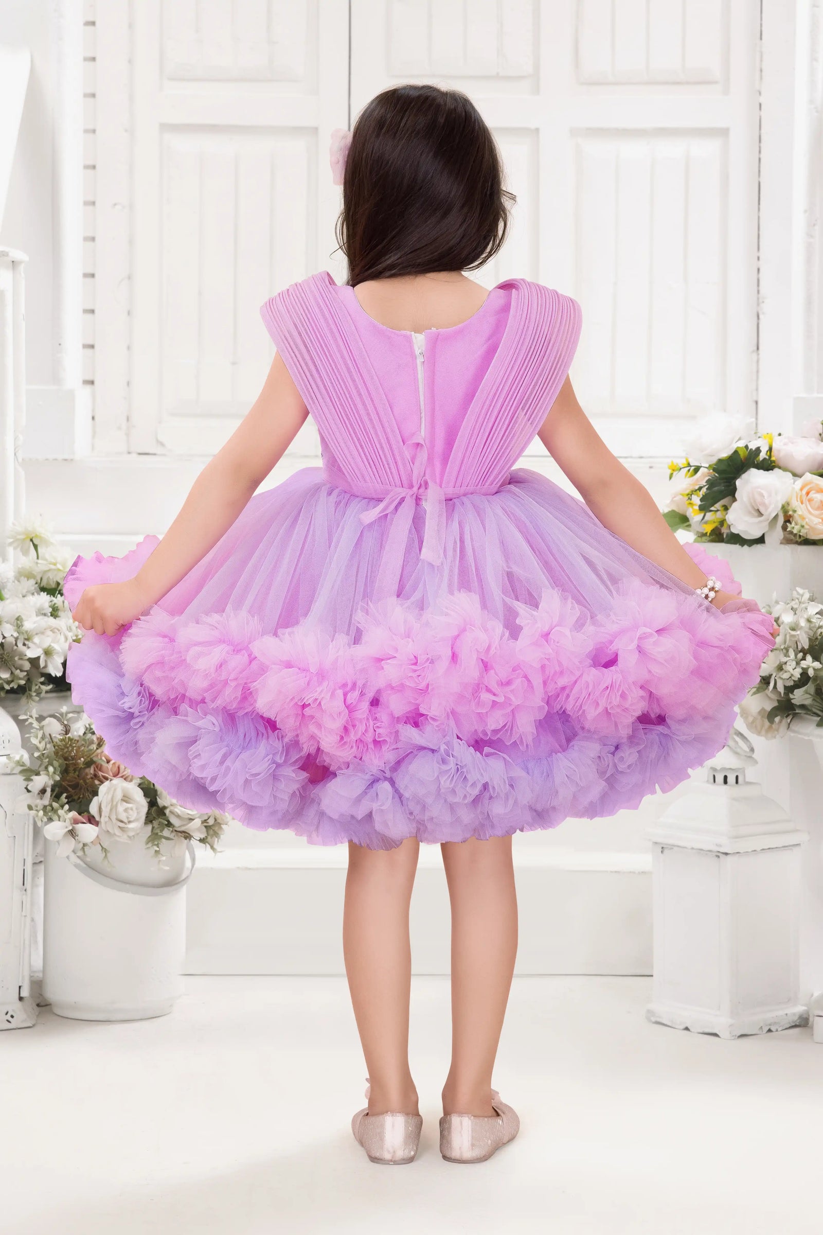 Lavender & Pink Ombre Party Wear Frock with Sequin Bodice and Ruffled Net Hemline For Girls
