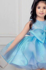 Blue Shimmer Organza Frock With Embellished Bow For Girls