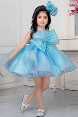 Blue Shimmer Organza Frock With Embellished Bow For Girls