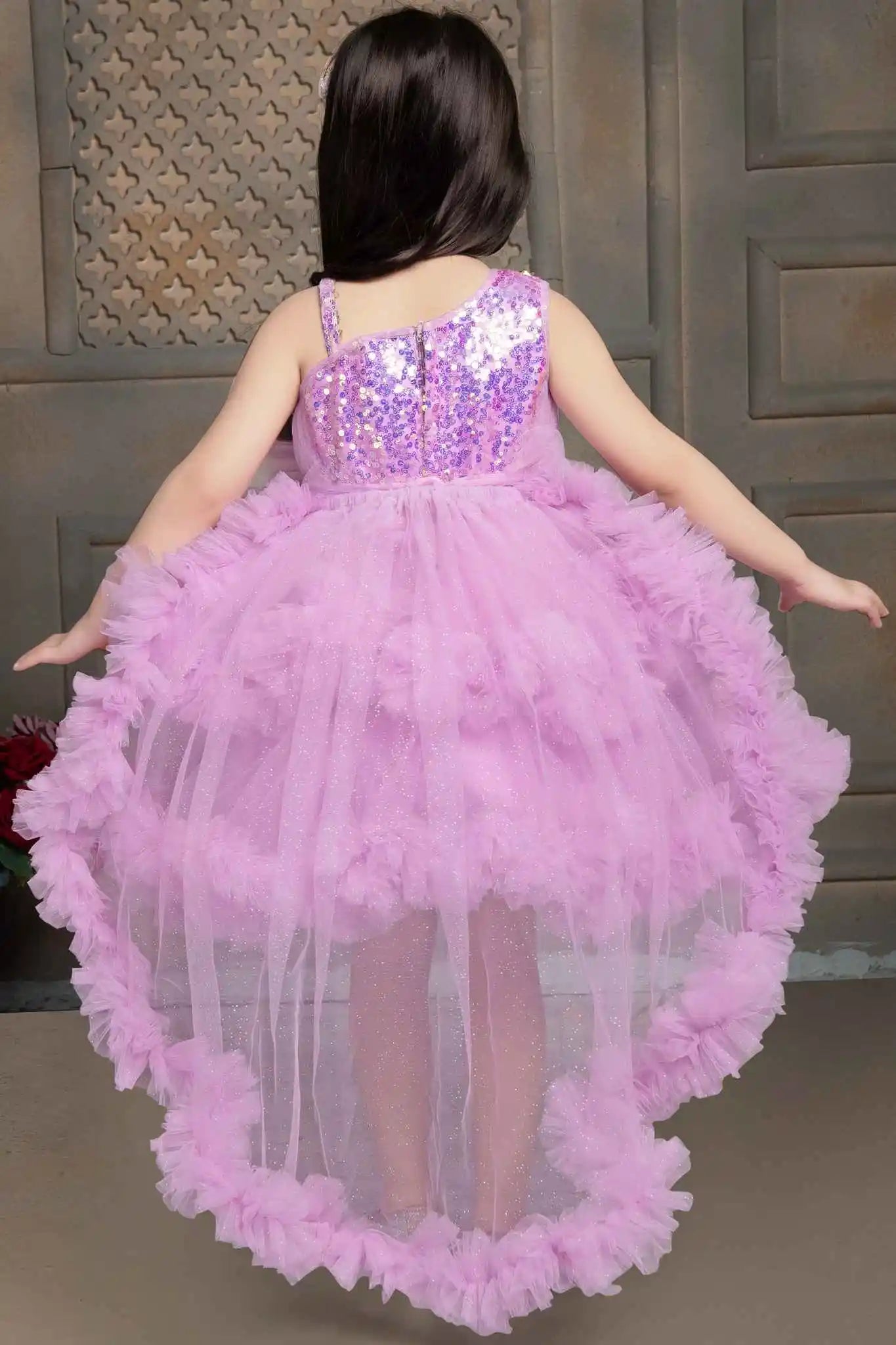 Lavender Shimmer Tailback Party Wear Frock With Ruffle Layers For Girls