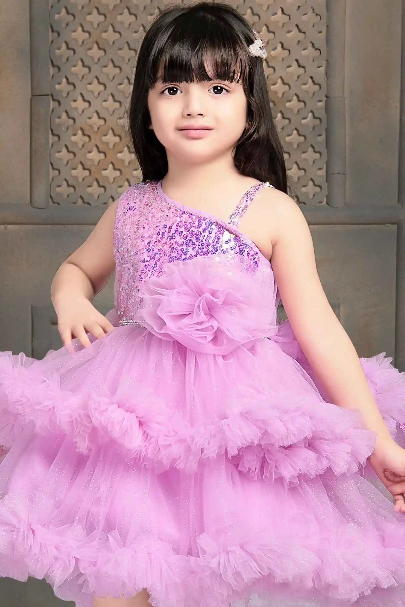 Lavender Shimmer Tailback Party Wear Frock With Ruffle Layers For Girls
