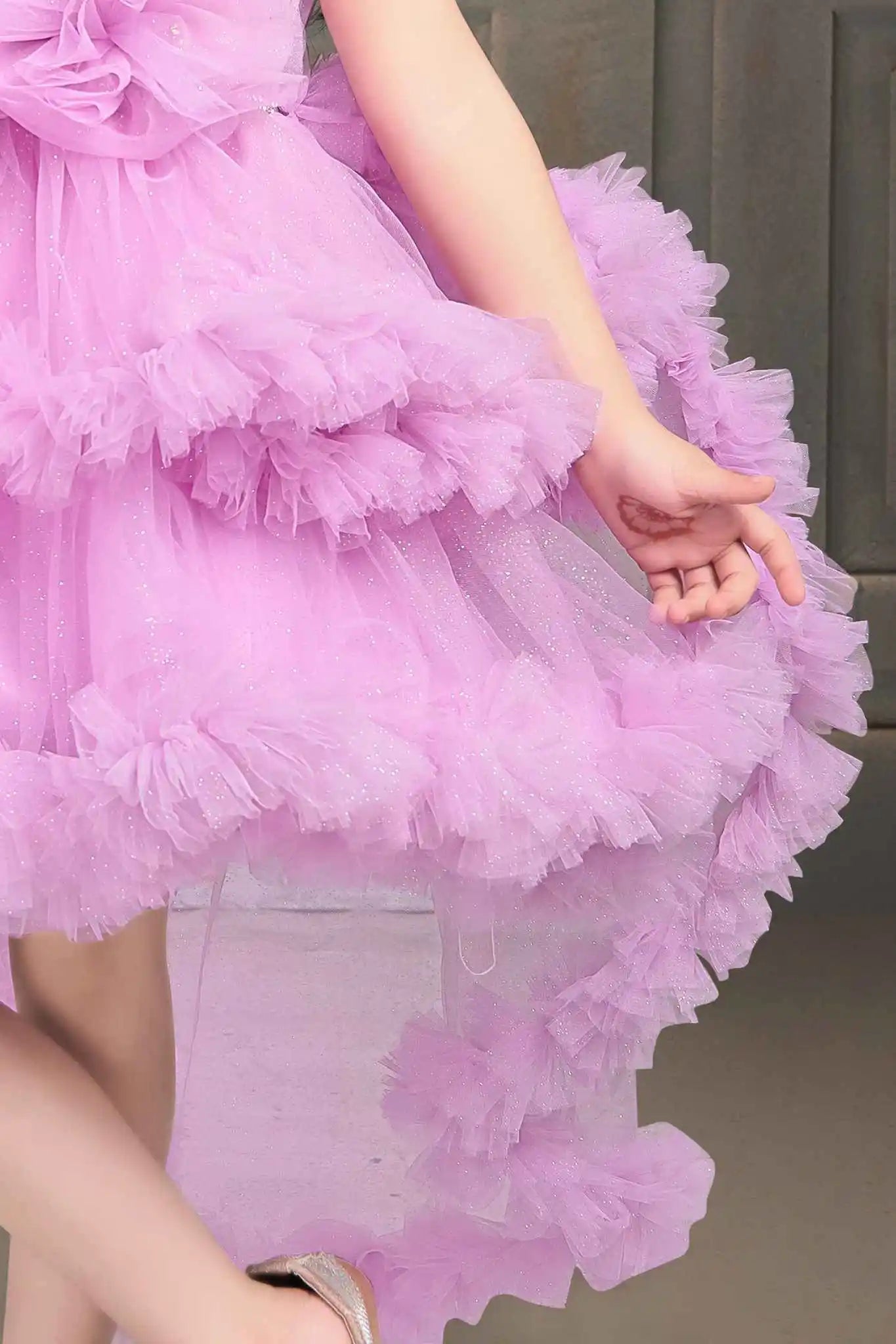Lavender Shimmer Tailback Party Wear Frock With Ruffle Layers For Girls