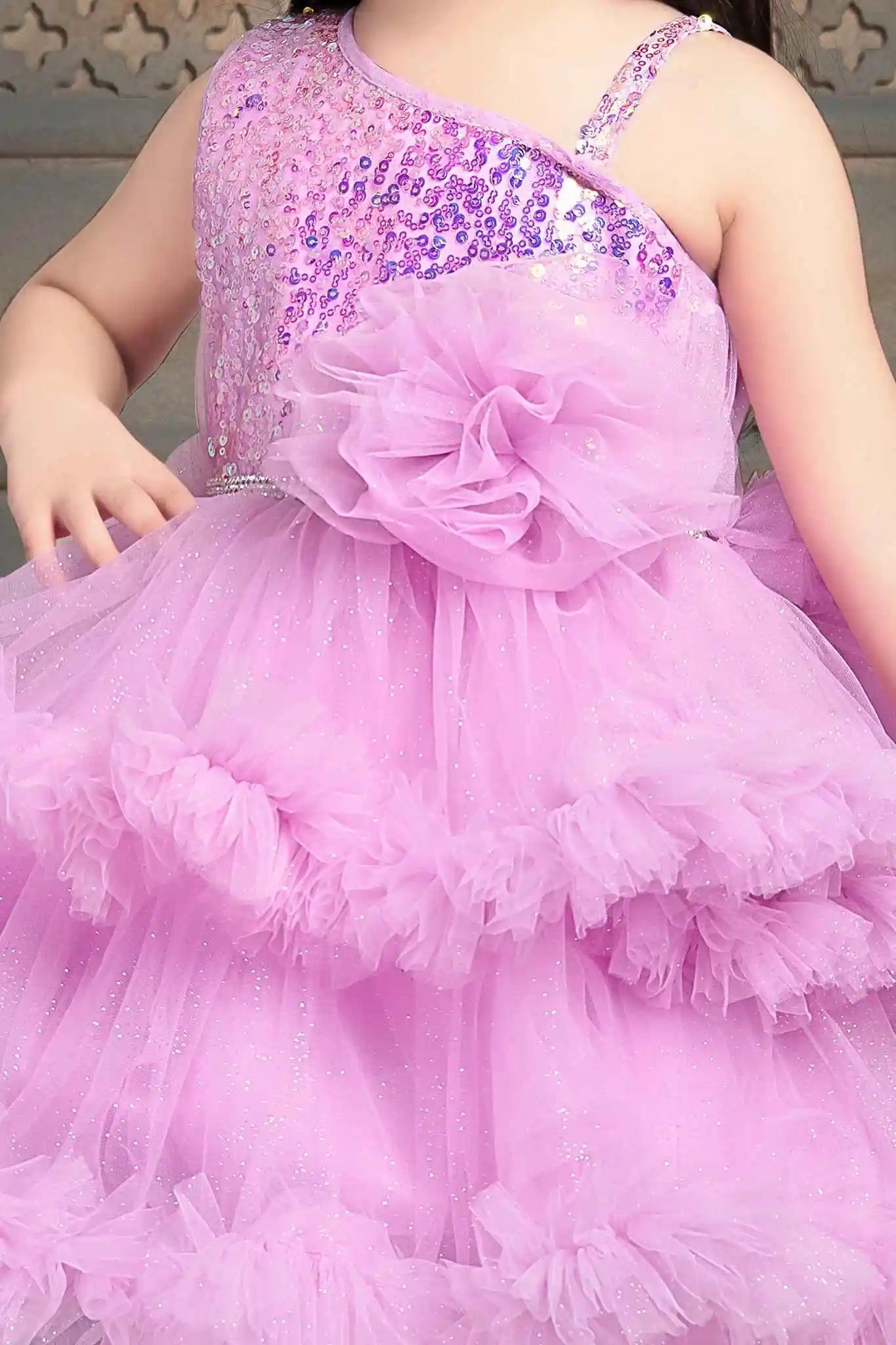 Lavender Shimmer Tailback Party Wear Frock With Ruffle Layers For Girls