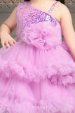 Lavender Shimmer Tailback Party Wear Frock With Ruffle Layers For Girls