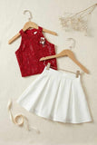 Red Sequin Halter Top & White Pleated Skirt Co-ord Set For Girls