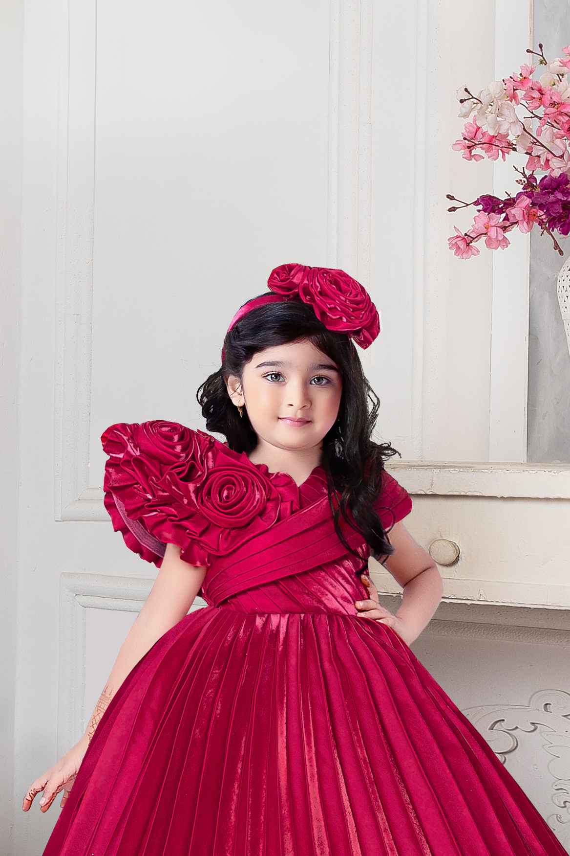 Rose Appliqué Pleated Red Party Gown For Girls