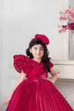 Rose Appliqué Pleated Red Party Gown For Girls