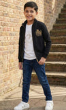 White T-Shirt & Black Zip-Up Jacket Set with Gold Crest Detailing For Boys