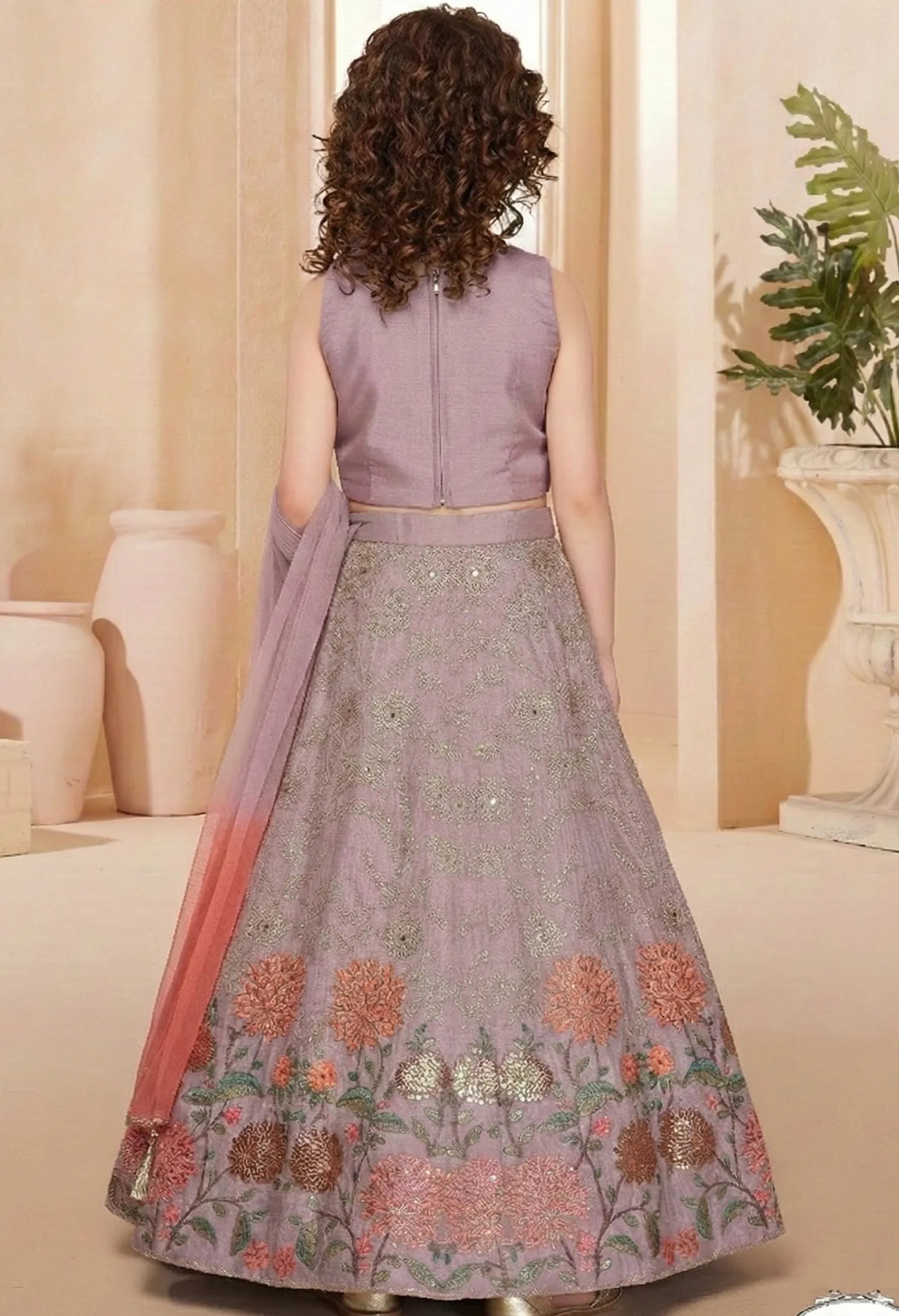 Lavender Floral Embroidered Lehenga Choli Set for Girls