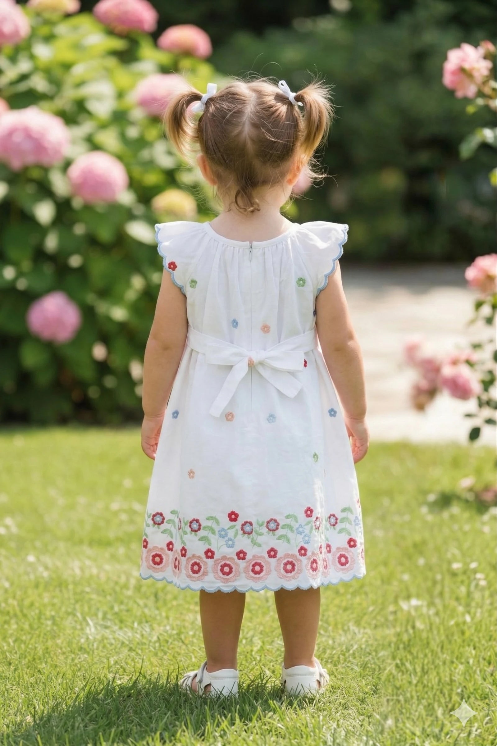 Girls White Embroidered Dress With Ruffle Sleeves