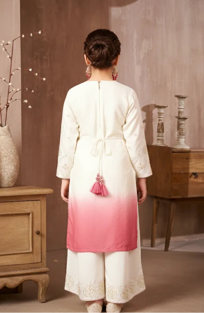 Ivory And Pink Ombre Embroidered Kurti Palazzo Set with Dupatta for Girls