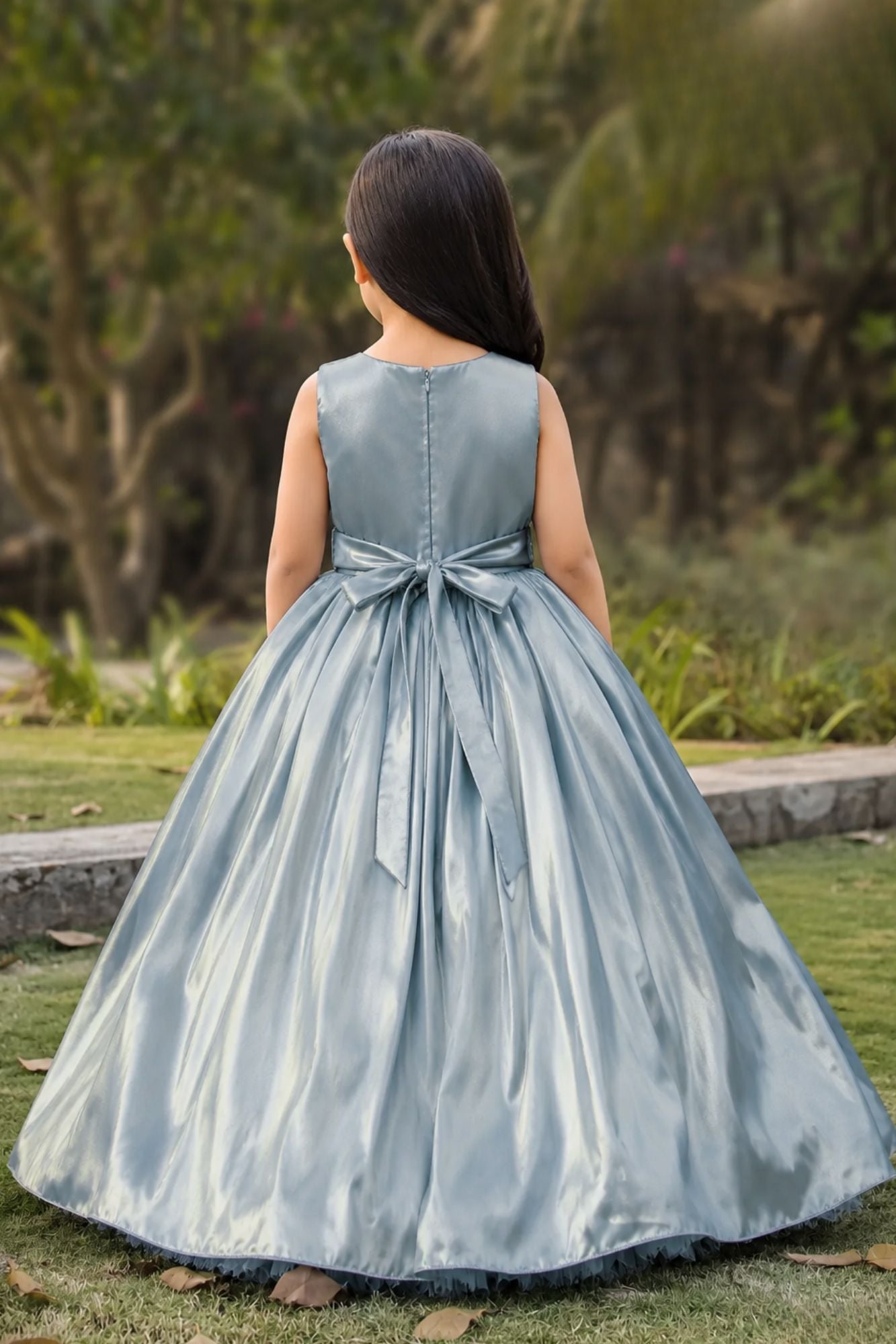 Steel Blue Oversized 3D Flower Party Wear Gown For Girls